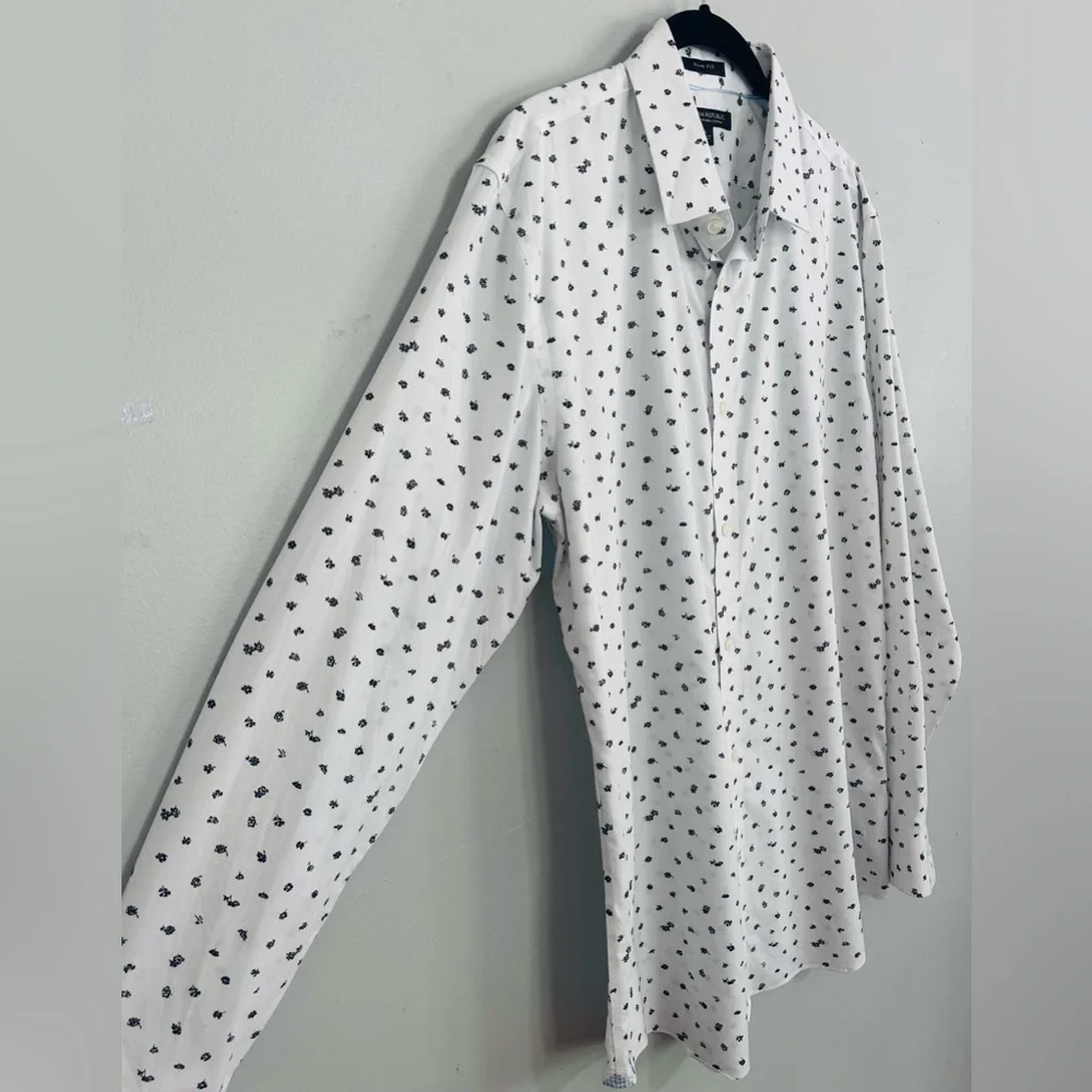 Banana Republic Men Slim Fit White Black Floral Non-Iron Cotton Dress Shirt Sz L